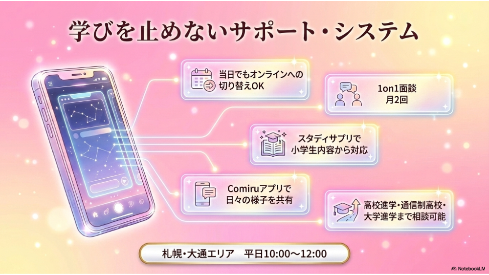 さっぽろライラックの特徴｜オンライン切替・1on1面談・スタディサプリ・Comiru