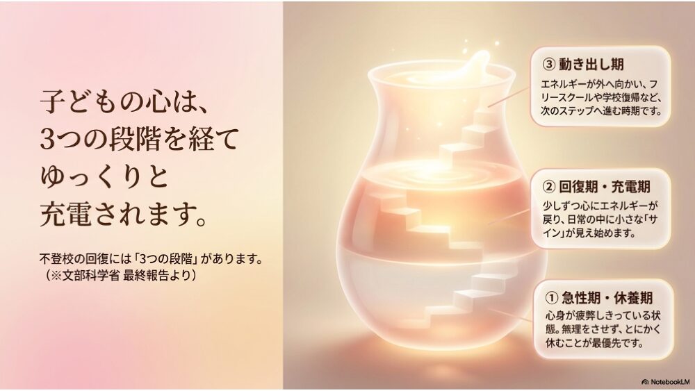 不登校の回復3段階｜急性期・回復期・動き出し期（文部科学省最終報告より）