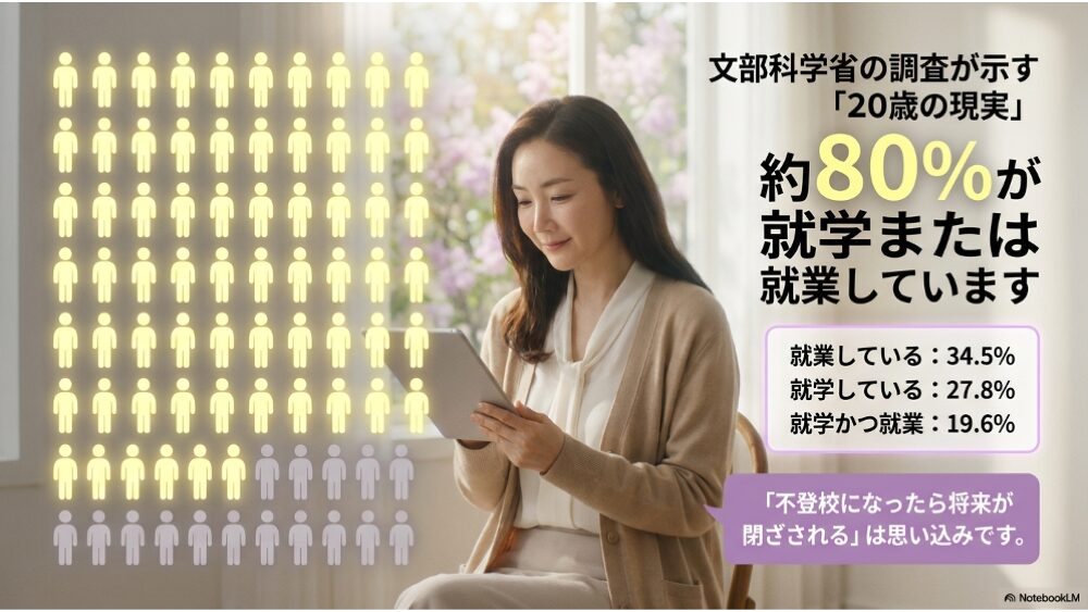 不登校経験者の20歳時点の状況｜約80%が就学または就業（文部科学省調査より）