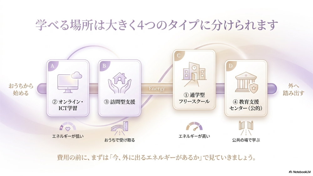 不登校の子どもが学べる場所4タイプ｜通学型・オンライン・訪問型・教育支援センター