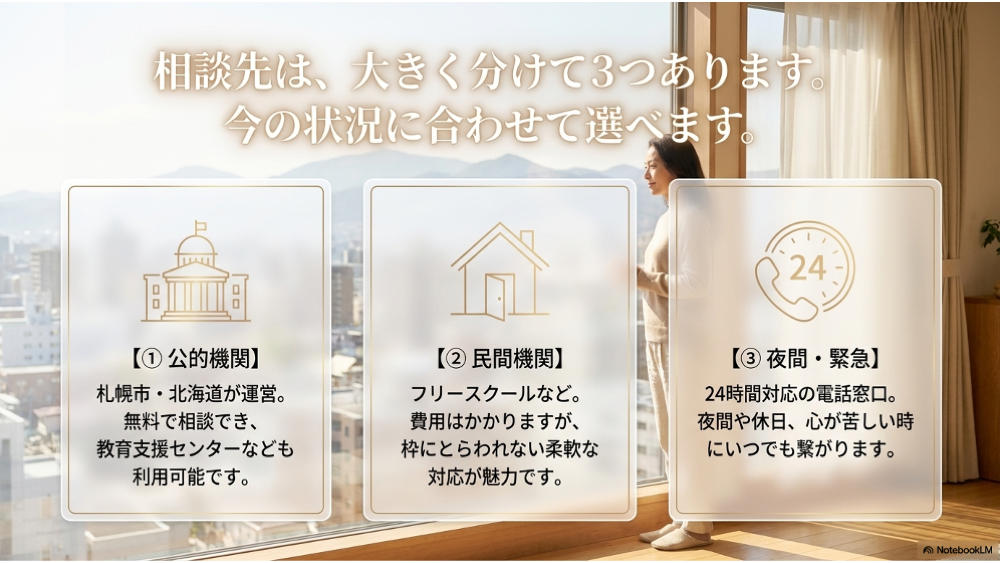 札幌の不登校相談先は3種類｜公的機関・民間・24時間窓口