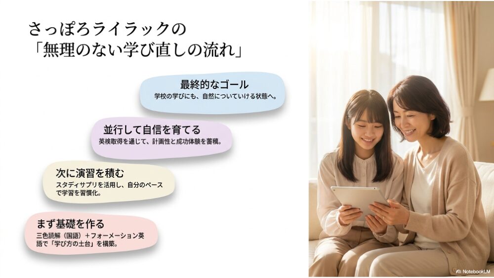 さっぽろライラックの学び直しの流れ｜三色読解・フォーメーション英語・スタディサプリ・英検