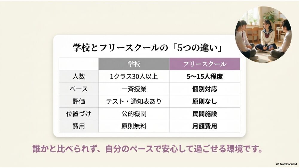 フリースクールと学校の5つの違い｜人数・ペース・評価・法的位置・費用