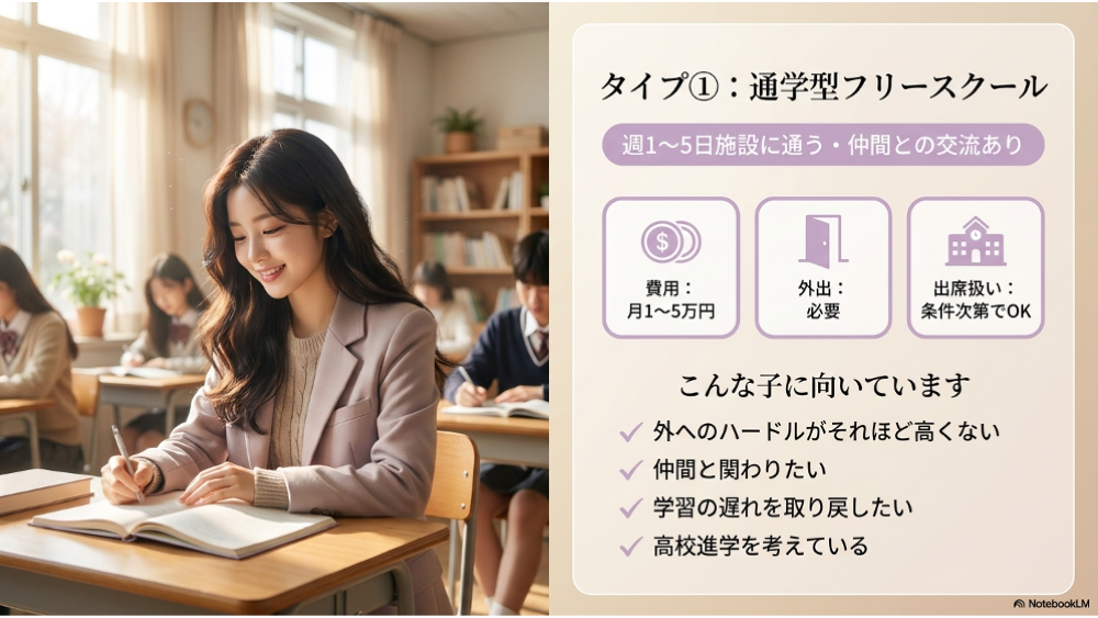 タイプ①通学型フリースクール｜費用・向いているお子さん・注意点