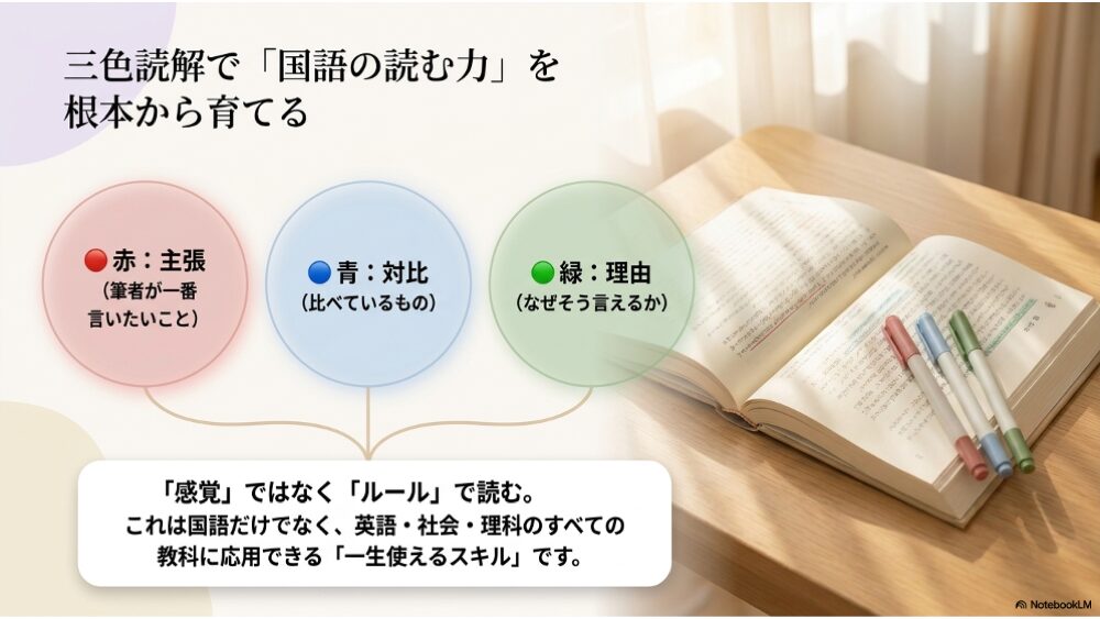 三色読解で国語の読む力を育てる｜赤=主張・青=対比・緑=理由の3色で文章を整理