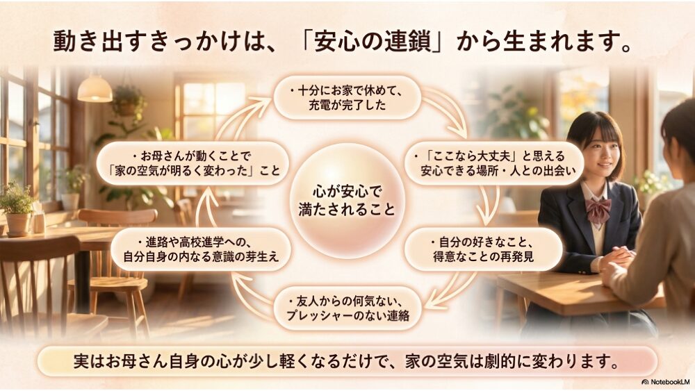 不登校の子どもが動き出すきっかけ6つ｜安心できる人・好き・充電・家の空気・友人・進路