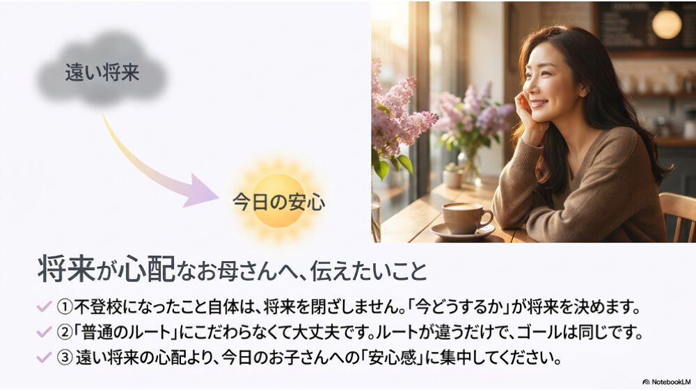 将来が心配なお母さんへ｜今どうするかが将来を決める・普通のルートにこだわらない・今の安心感に集中