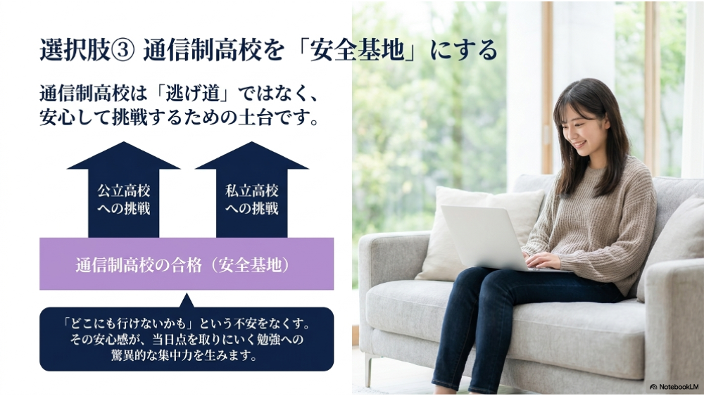 通信制高校の合格を安全基地として先に確保｜安心して公立・私立に挑戦できる