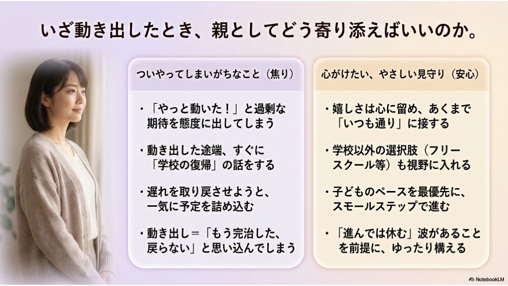 動き出したときにやってはいけないこと｜急かす・学校の話・詰め込む・完治と思う