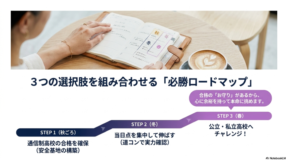 3つの選択肢の組み合わせ方｜STEP1通信制確保→STEP2当日点→STEP3チャレンジ