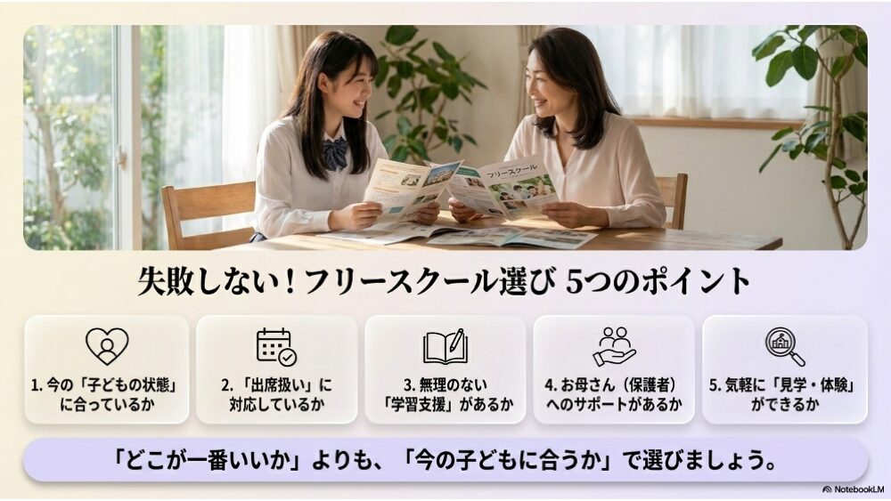 フリースクール選びの5つのポイント｜今の状態・出席扱い・学習支援・保護者サポート