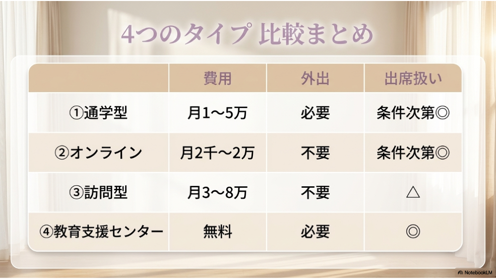 4つのタイプ比較表｜費用・外出・出席扱い・向いているお子さん