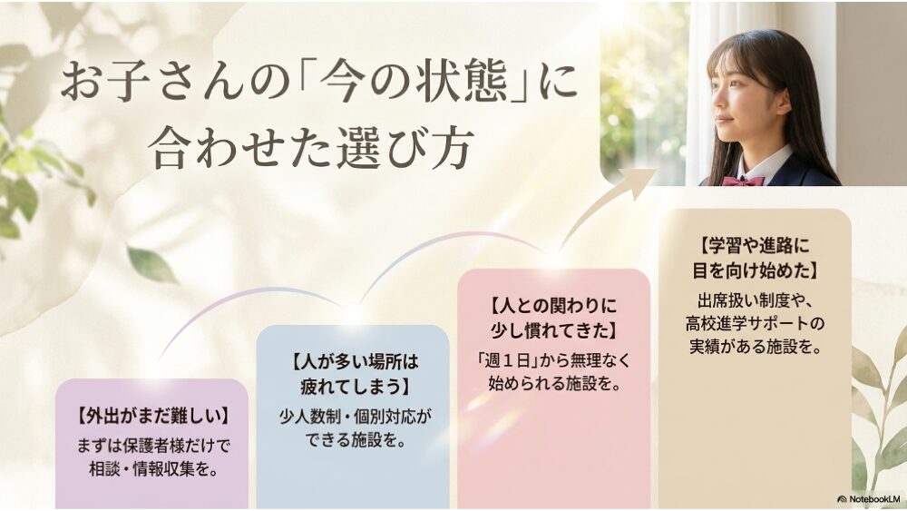 お子さんの状態別・フリースクールの選び方