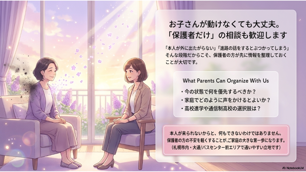 お子さんが動けなくても大丈夫。
「保護者だけ」の相談も歓迎します。