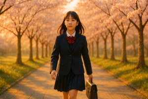 札幌大通・創成イーストのさっぽろライラックで学ぶ不登校の中３の高校受験生の女の子が桜が咲く道を歩いている