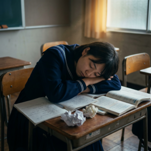 不登校の高受験生ががんばっていたが疲れて休憩している様子