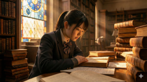 札幌大通・創成イーストのさっぽろライラックで学ぶ不登校の中３の高校受験生の女の子が一生懸命に学ぶ様子