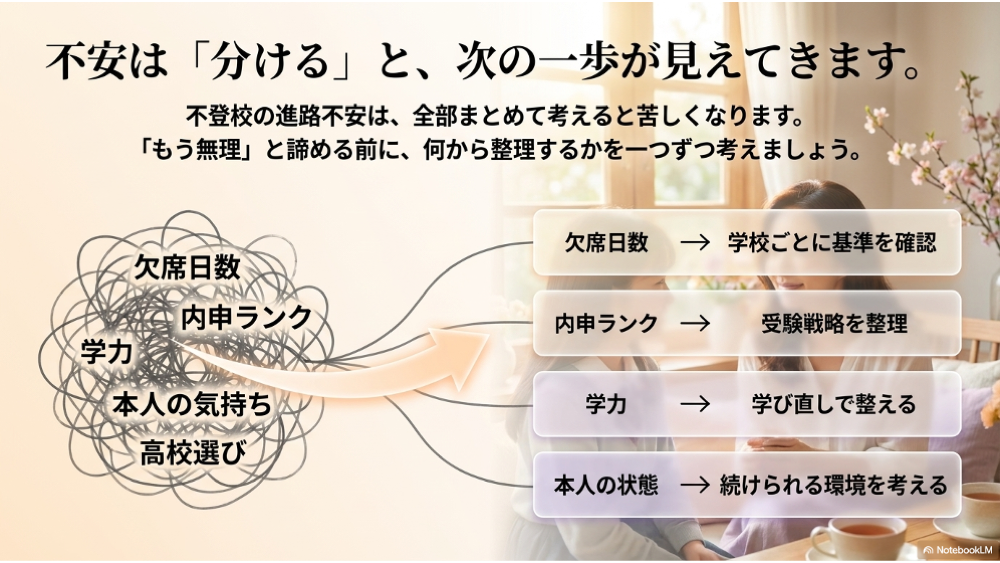 不登校の進路不安を欠席日数・内申ランク・学力・本人の状態に分けて整理する図解