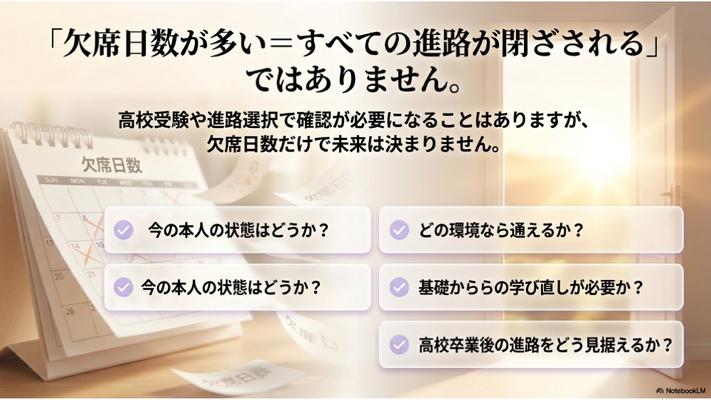 不登校で欠席日数が多い場合に確認したいことを整理した図解