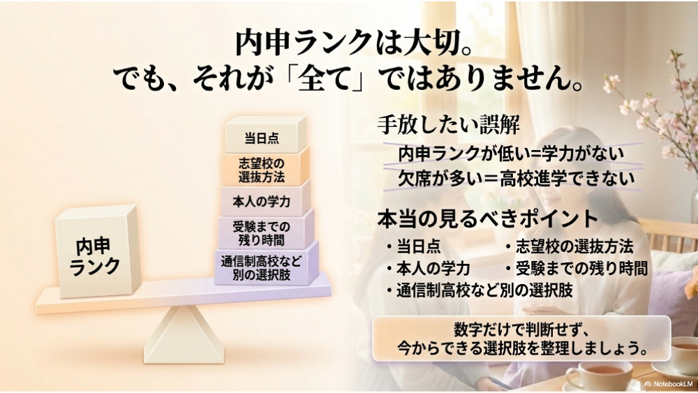 不登校の高校受験で内申ランクは大切だが全てではないことを示す図解