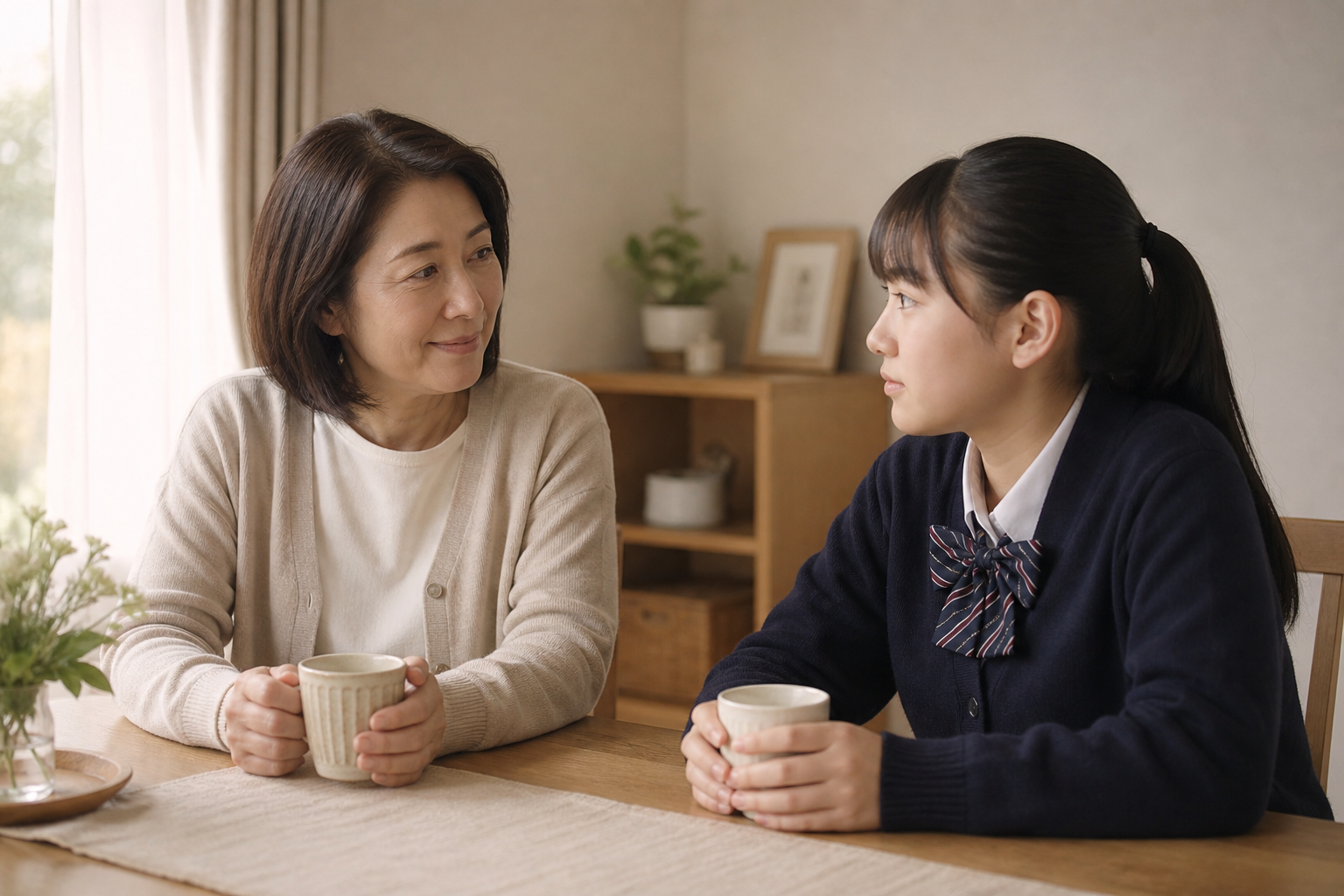 札幌の不登校セミナー・親子が穏やかに会話しているイメージ