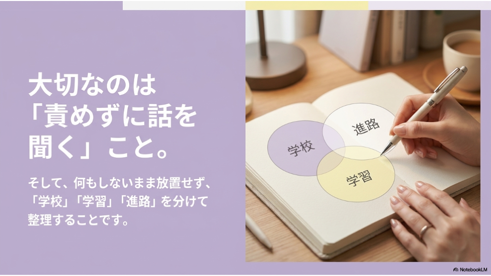 不登校の中学生への対応は責めずに話を聞き学校学習進路を分けて整理すること