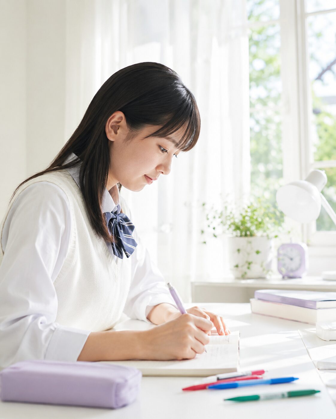 窓際でノートに書き込む学習イメージ