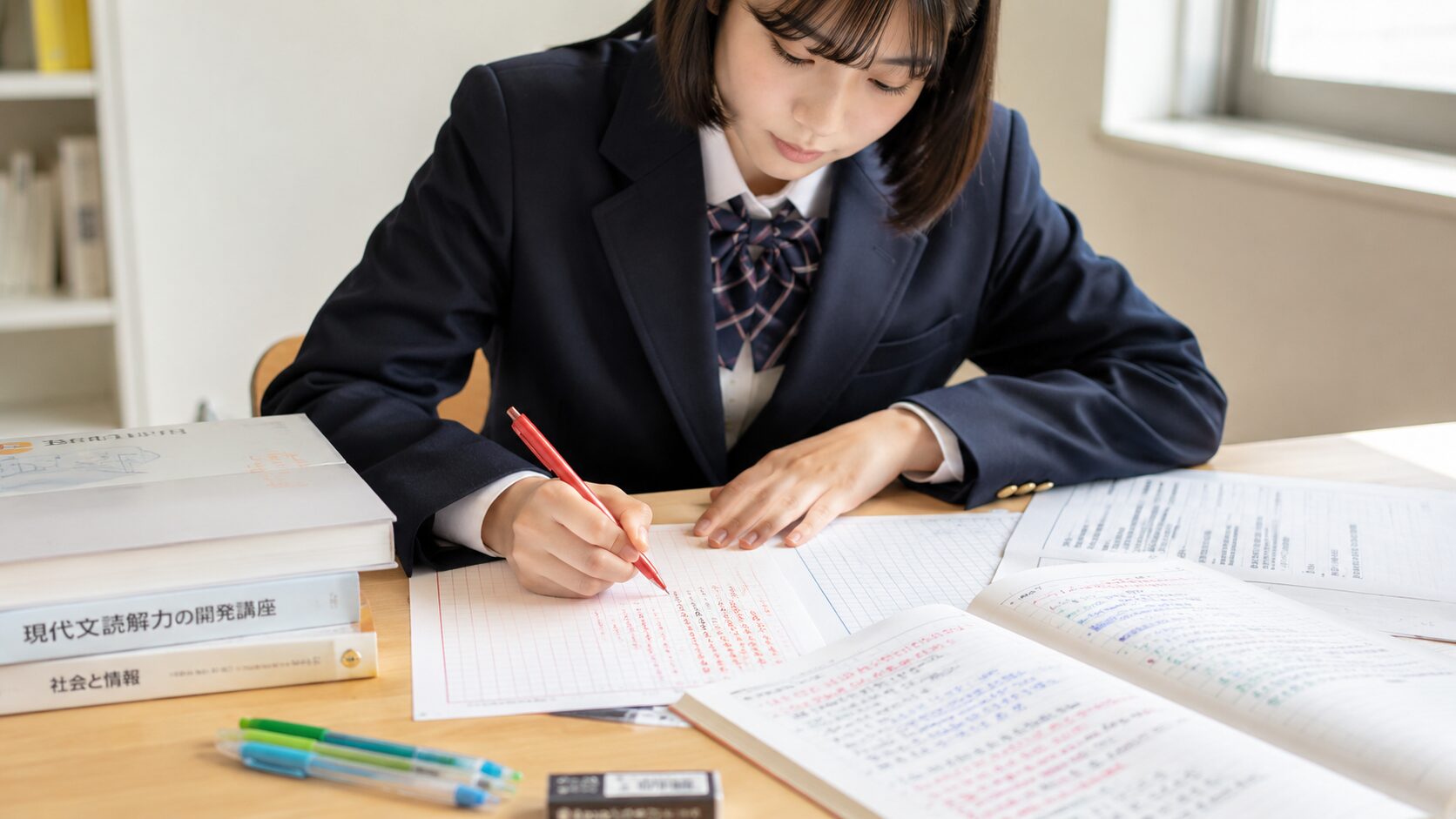 原稿用紙に向かって学習する様子