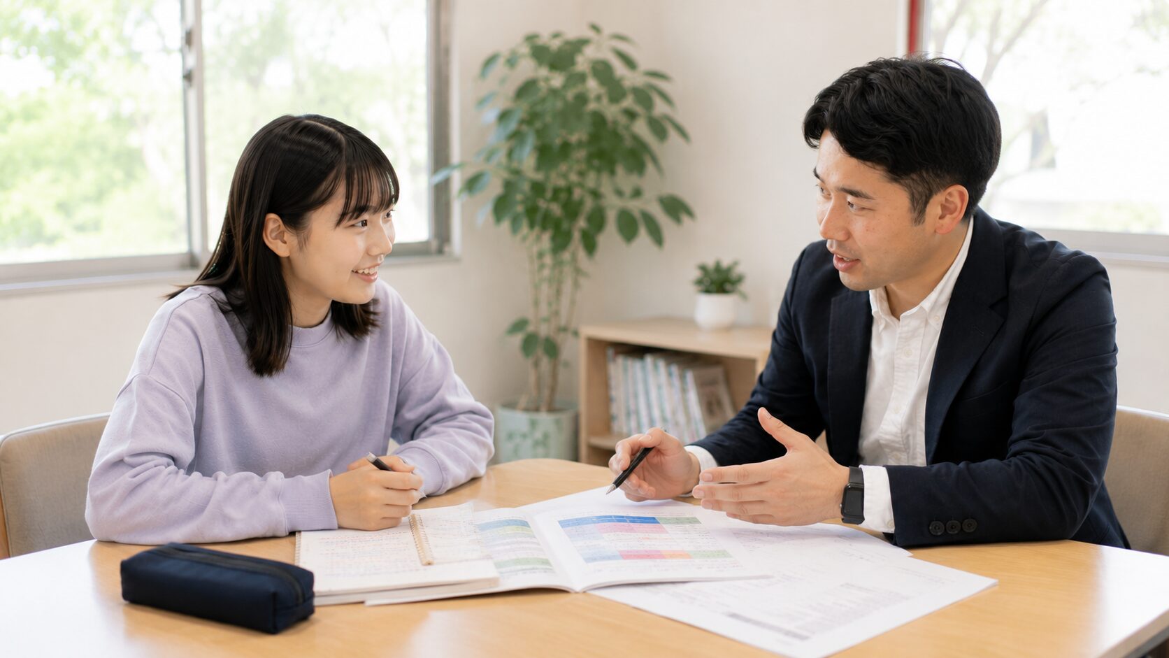 机上の資料を挟んで対話する相談イメージ