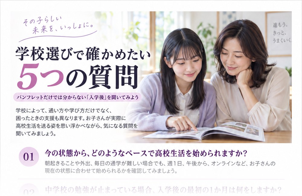 学校選びで確かめたい5つの質問のシート上部。パンフレットだけでは分からない入学後について聞くための質問集。