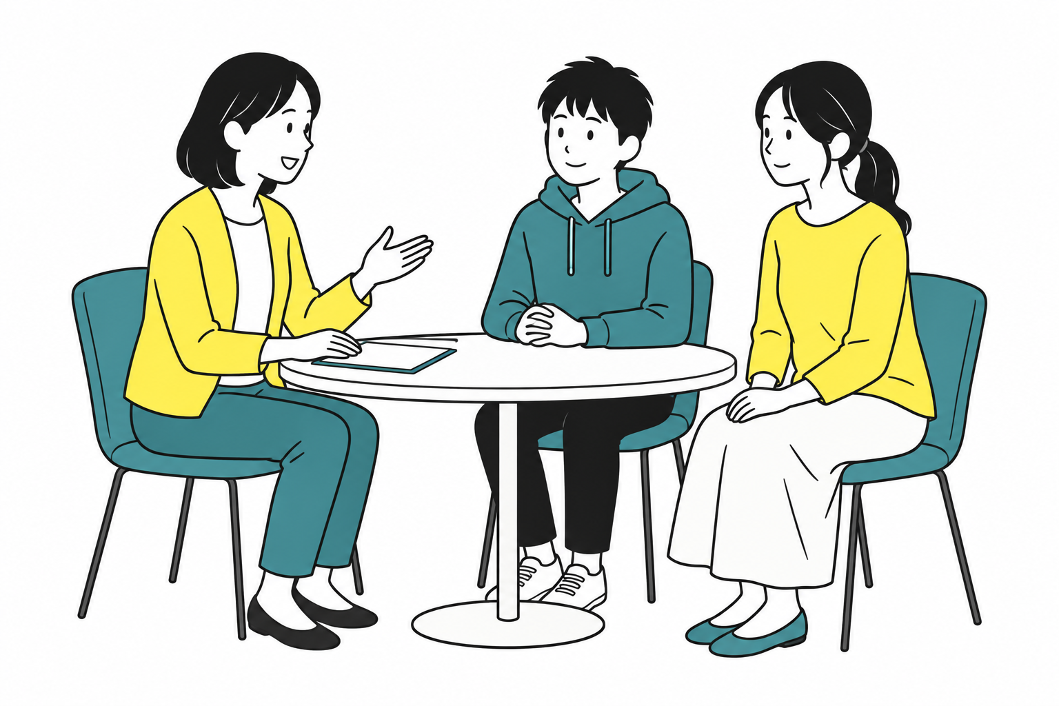 スタッフと保護者、生徒がゆったりと話すイメージイラスト