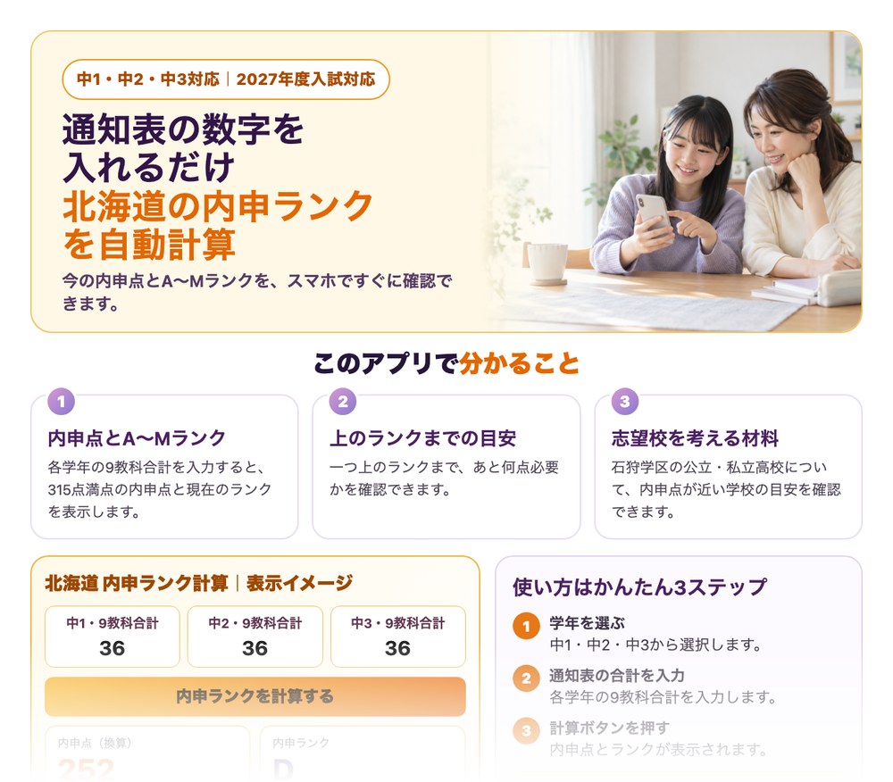 北海道の内申ランク計算アプリの案内。通知表の数字を入れるだけで内申点とランク、上のランクまでの目安、志望校を考える材料が分かる。