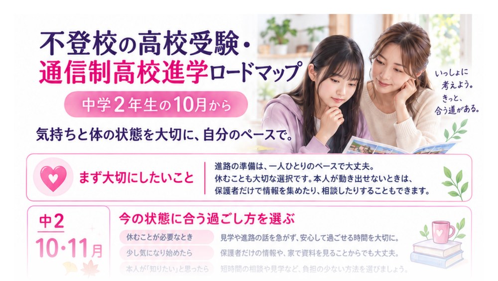 不登校の高校受験・通信制高校進学ロードマップの上部。中学2年生の10月から、気持ちと体の状態を大切に自分のペースで進める内容。
