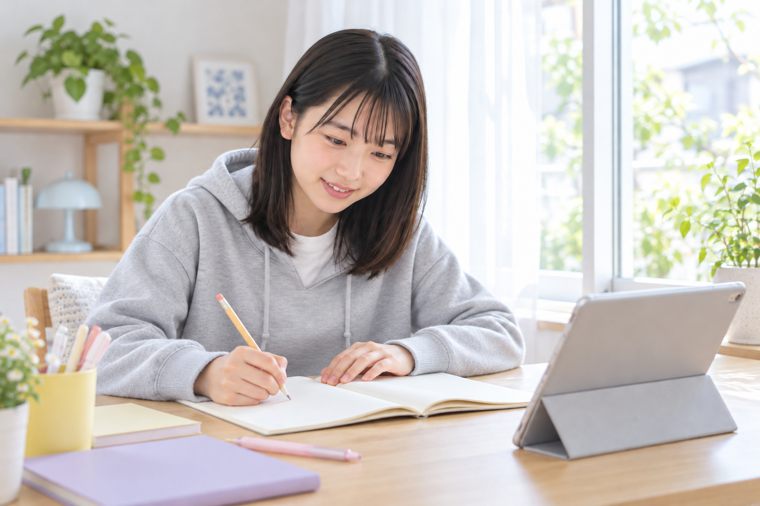 明るい部屋でノートに向かい、自分のペースで学ぶ生徒のイメージ