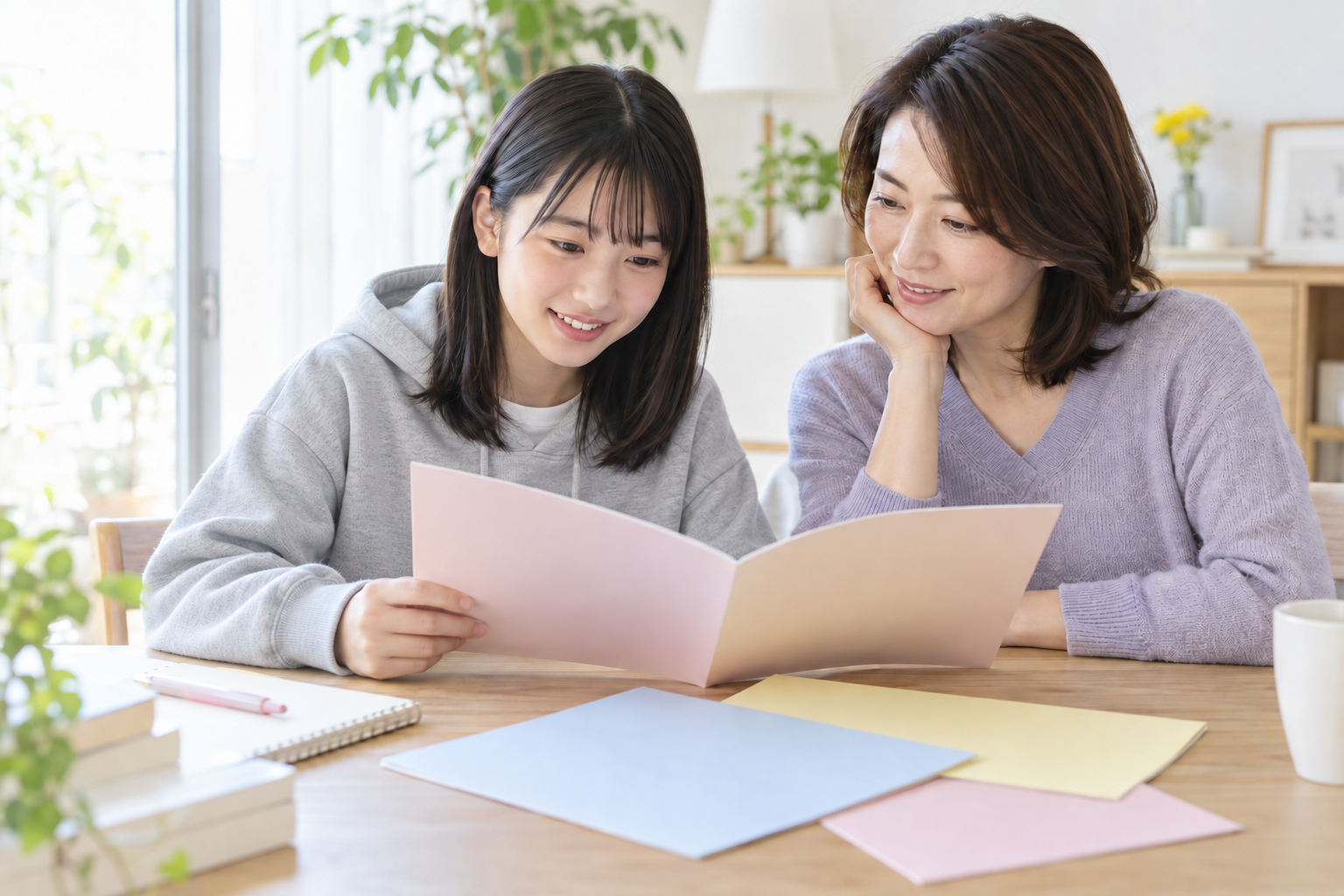 親子で資料を見ながら高校での学び方を考えるイメージ