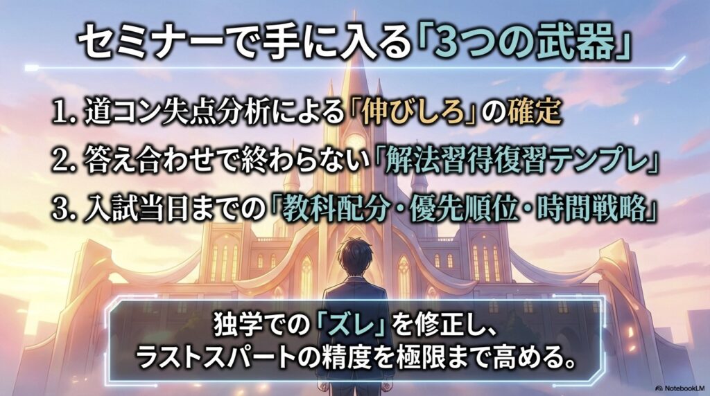 セミナーで逆転合格のために定入るもの