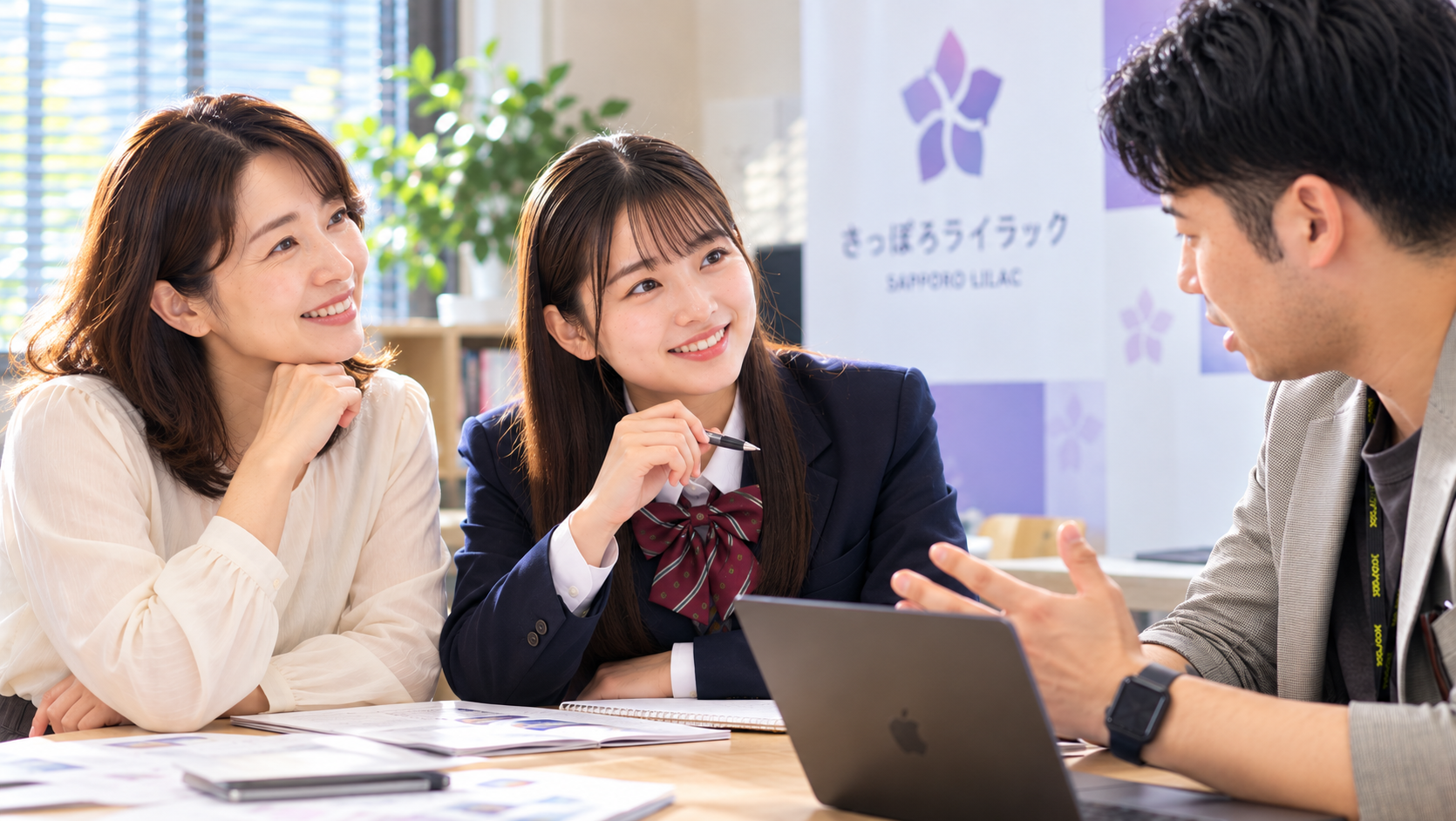 総合型選抜の直前対策についてハル先生に相談する高校3年生と保護者
