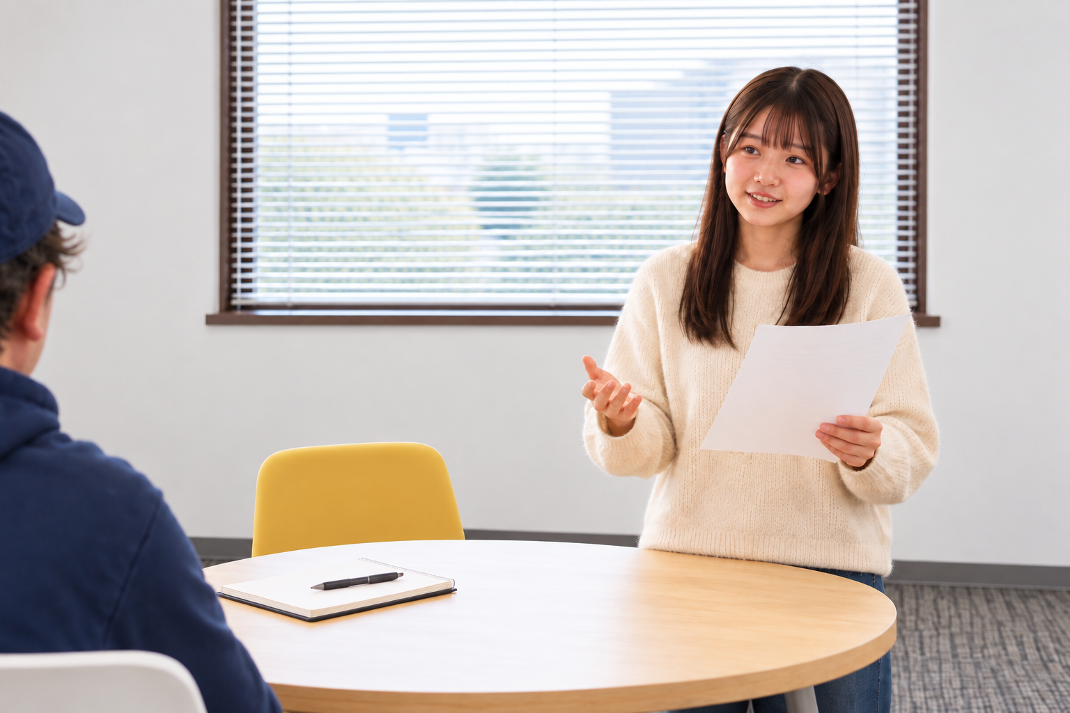 小さな教室で受験生が紙を持ち、考えを伝えるプレゼン練習のイメージ